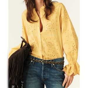 Ba&Sh Soraya Yellow 100% Cotton Embroidered Button Down Shirt Size Large
